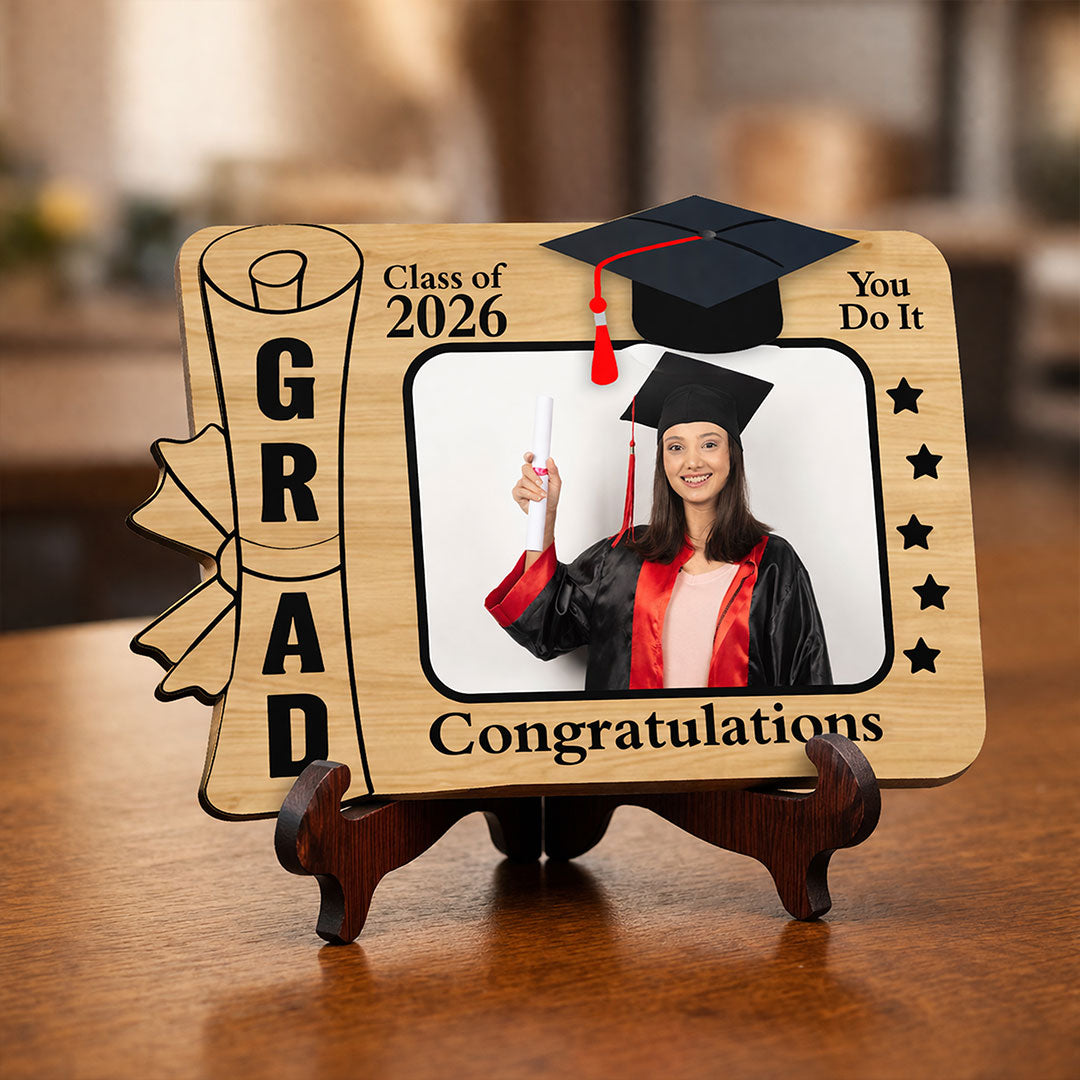 Personalized Graduation Photo Frame Wooden Table Stand (Class of 2026) – Custom Photo & Name Graduation Gift for Students, Friends & Loved Ones (6x6 Inch) | Love Craft Gifts
