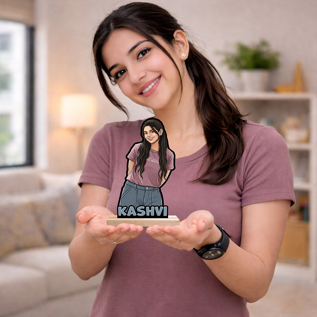 Personalized Cartoon Girl Photo Wooden Table Stand with Name (8 Inch) Custom Portrait Desk Décor Gift for Girlfriend, Sister & Best Friend | Love Craft Gifts