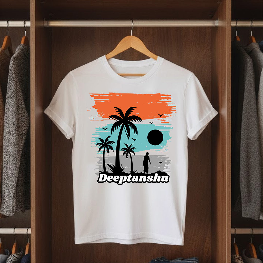 Personalized Tropical Sunset Silhouette White T-Shirt – Custom Name Printed | Love Craft Gifts