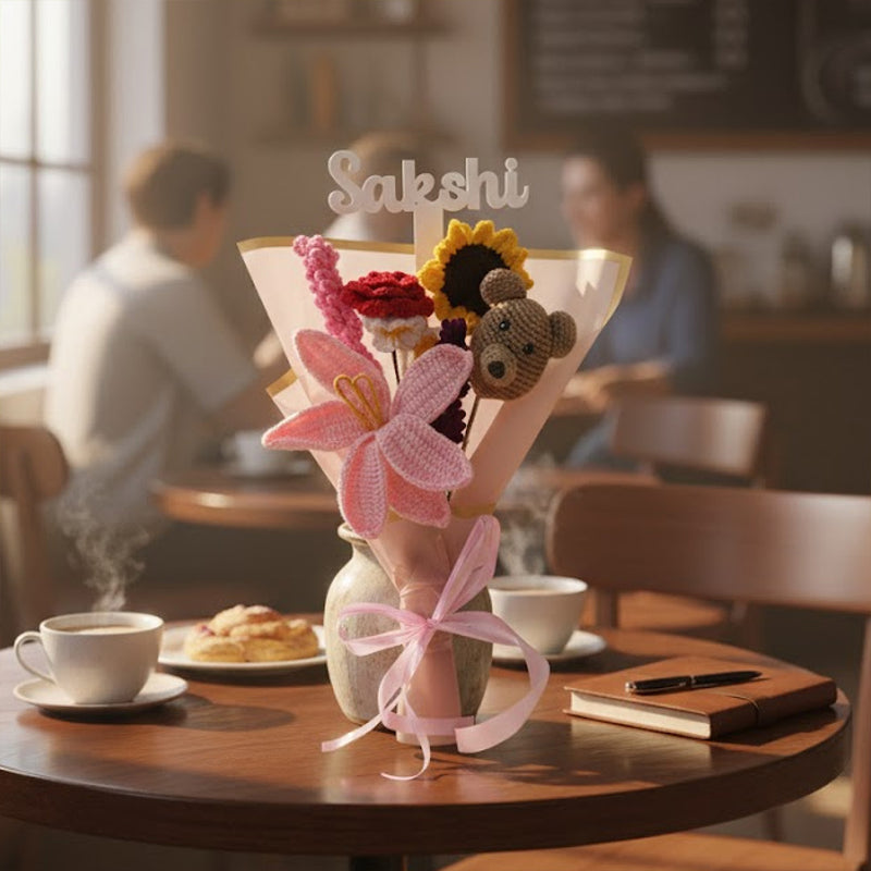 Personalized Teddy Rose Crochet Bouquet – Handmade Forever Flower Gift | Love Craft Gifts