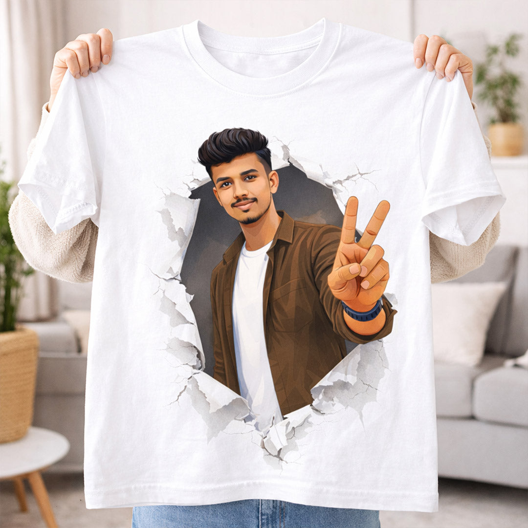 Personalized 3D Broken Wall Photo Print White T-Shirt – Custom Portrait Unisex Tee | Love Craft Gifts