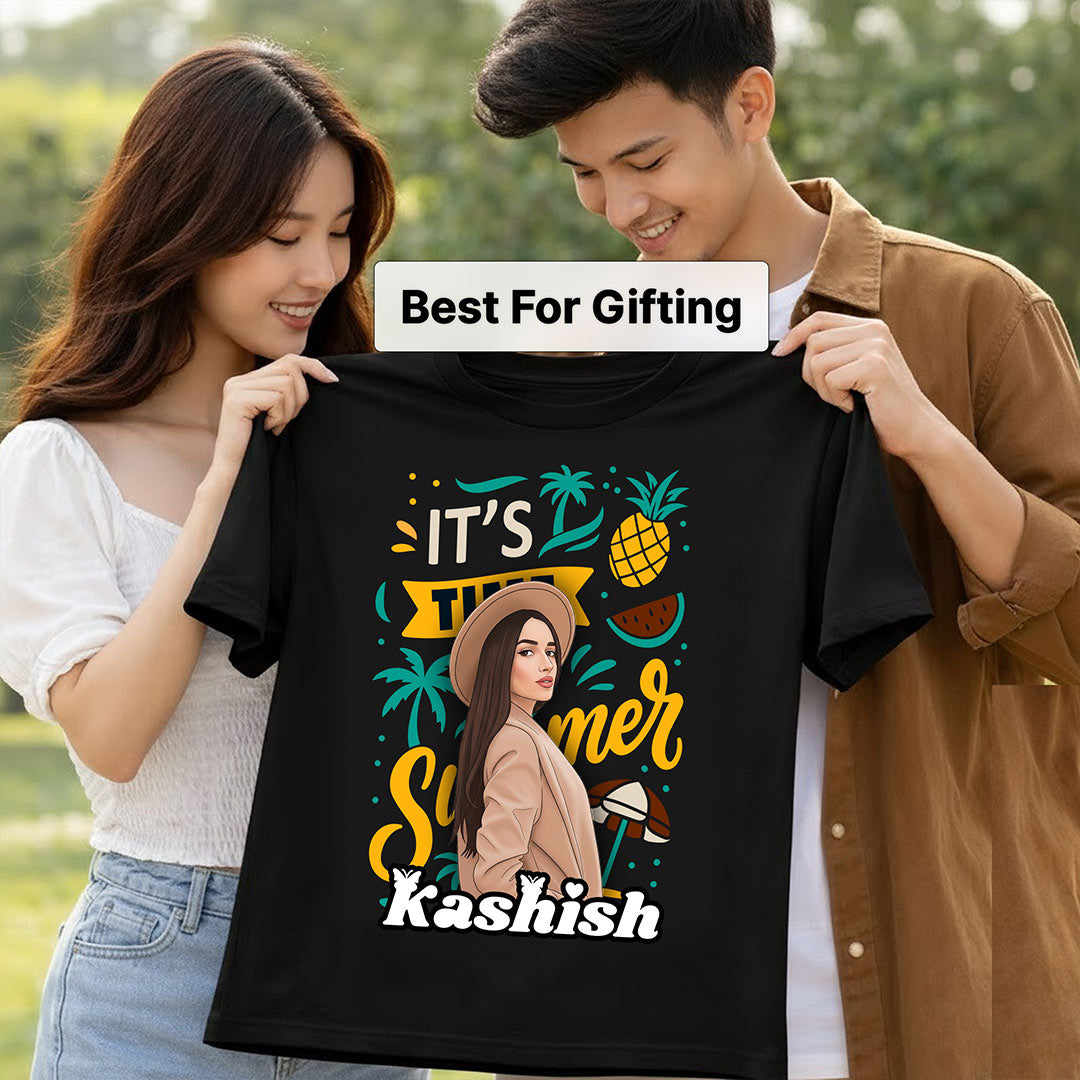 Personalized It’s Summer Cartoon Portrait Black T-Shirt – Custom Name & Photo Print | Love Craft Gifts