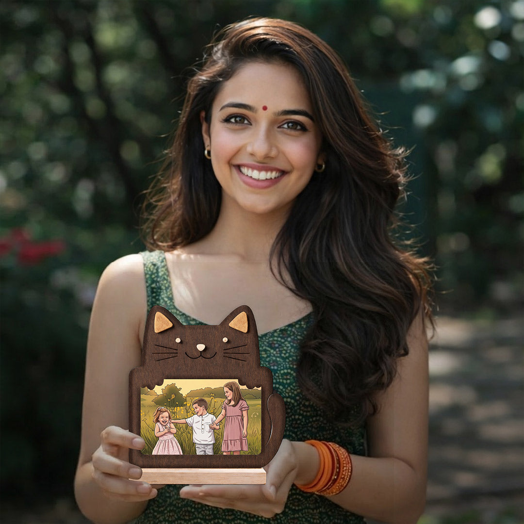 Personalized Wooden Cat Photo Frame Stand with Custom Cartoon Photo Print (6x6 Inch) Cute Cat Design Table Top Frame Gift for Kids, Family & Friends | Love Craft Gifts