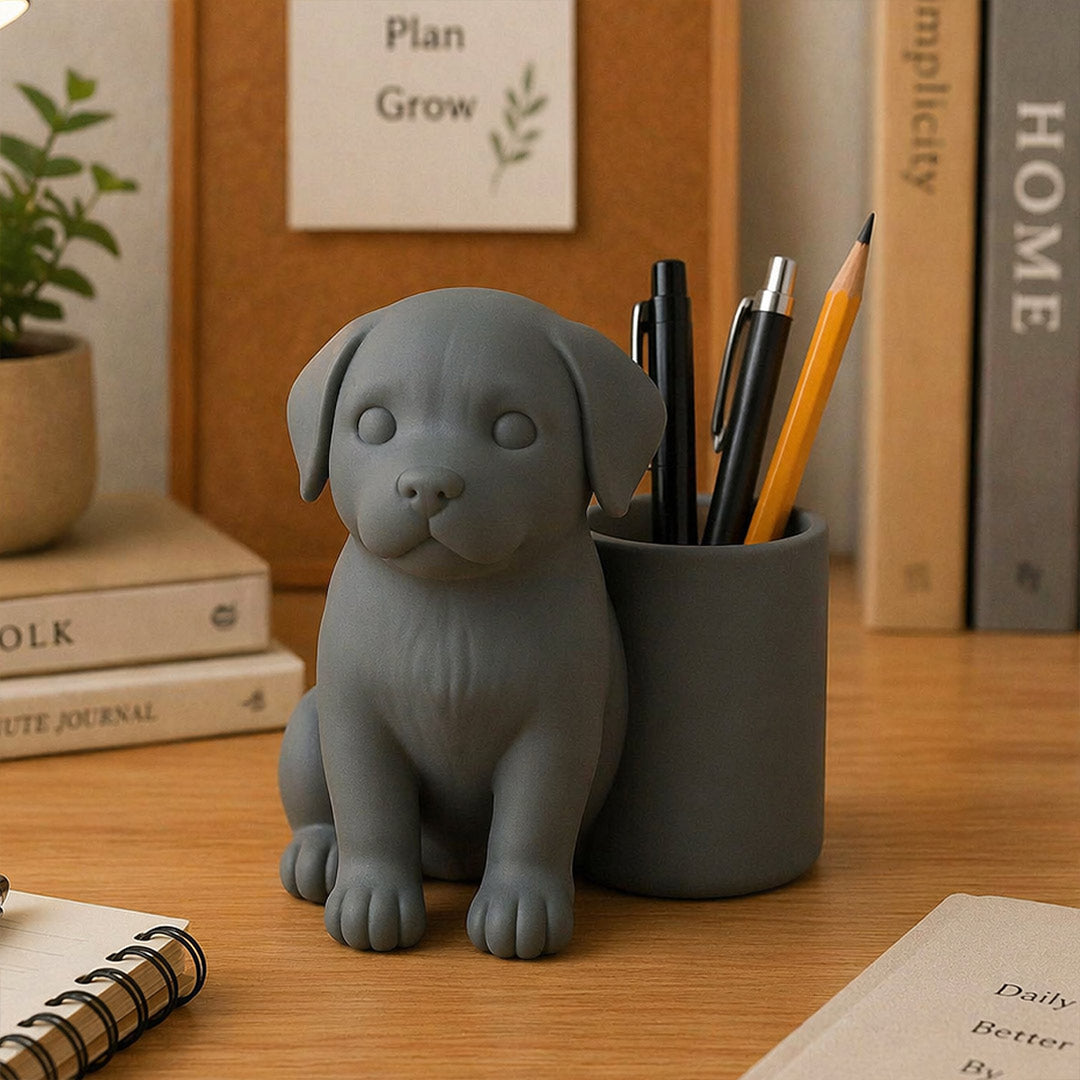 Personalized Grey Dog Pen Holder – Custom Name Cute Desk Organizer Gift for Dog Lovers | Love Craft Gifts™