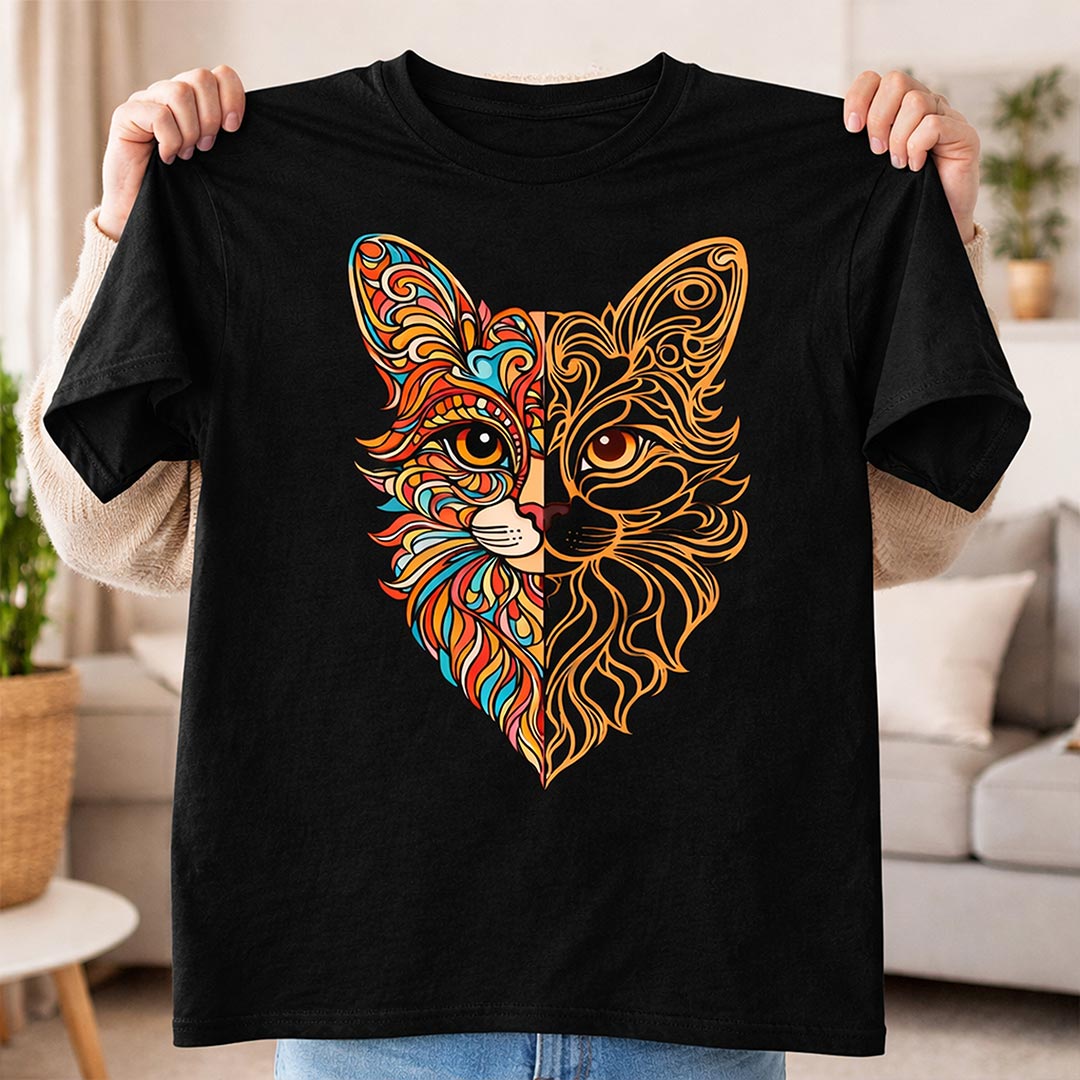Artistic Cat Face Graphic Print Black T-Shirt – Unisex Casual Wear | Love Craft Gifts