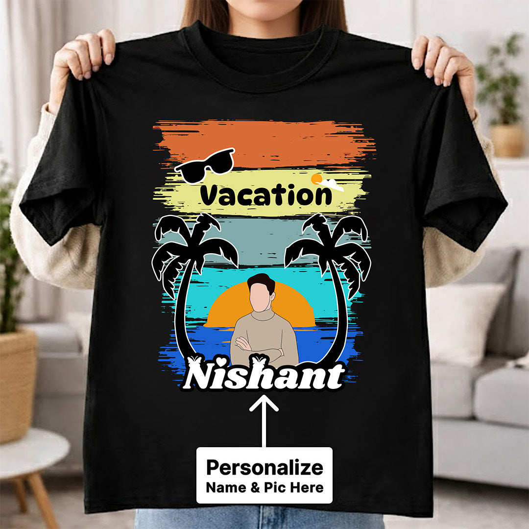 Personalized Vacation Theme Black T-Shirt – Custom Name & Pic Summer Travel Print | Love Craft Gifts