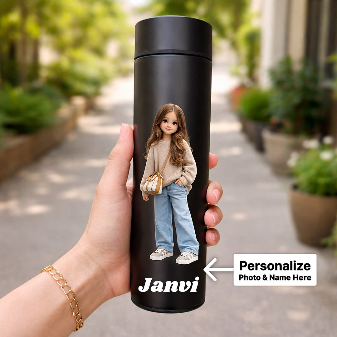 Personalized LED Temperature Water Bottle (500ml, Matte Black) – Custom Name & Photo Stainless Steel Vacuum Flask for Kids, Girls & Daily Use | Love Craft Gifts