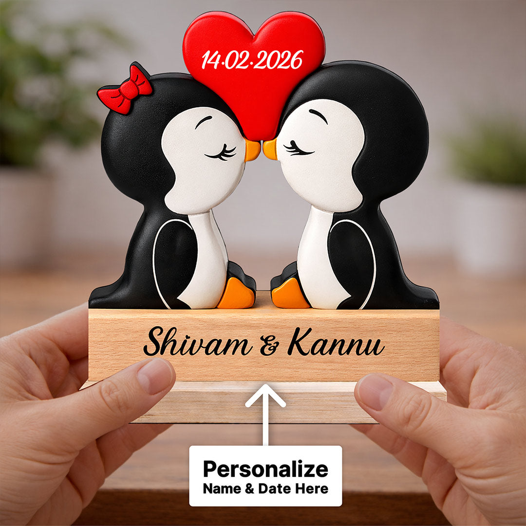 Personalized Cute Penguin Couple Wooden Table Stand (6x6 Inch) – Custom Name & Date Romantic Love Desk Décor Gift for Girlfriend, Boyfriend, Wife & Husband | Love Craft Gifts