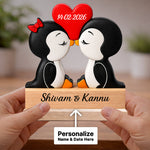 Personalized Cute Penguin Couple Wooden Table Stand (6x6 Inch) – Custom Name & Date Romantic Love Desk Décor Gift for Girlfriend, Boyfriend, Wife & Husband | Love Craft Gifts