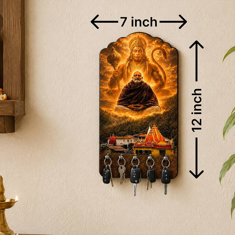 Wooden Neem Karoli Baba & Hanuman Ji Key Holder 7×12" | Maharaj-ji Spiritual 5 Hook Wall Key Hanger | Love Craft Gifts™