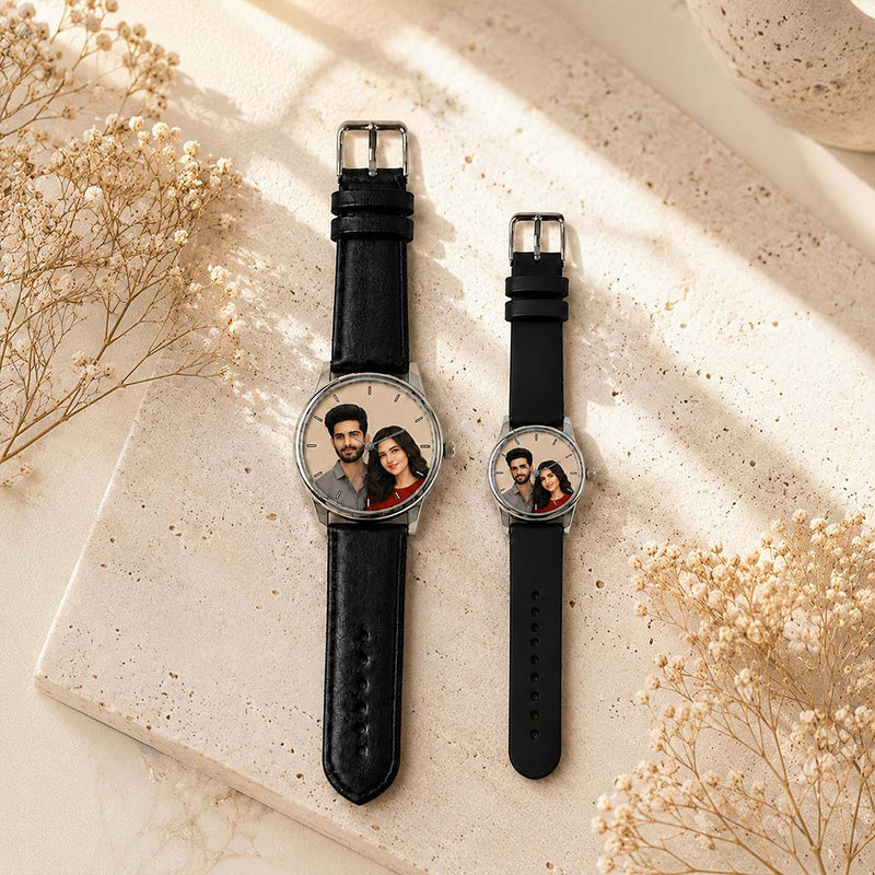 Personalized Couple Photo Watch Set with Black Straps | Custom His & Her Photo Watches | Romantic Couple Gift | Love Craft Gifts™
