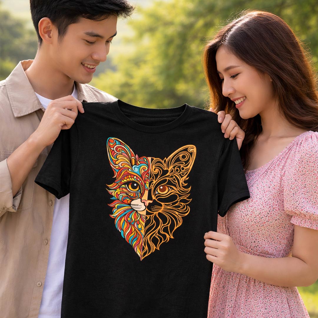 Artistic Cat Face Graphic Print Black T-Shirt – Unisex Casual Wear | Love Craft Gifts