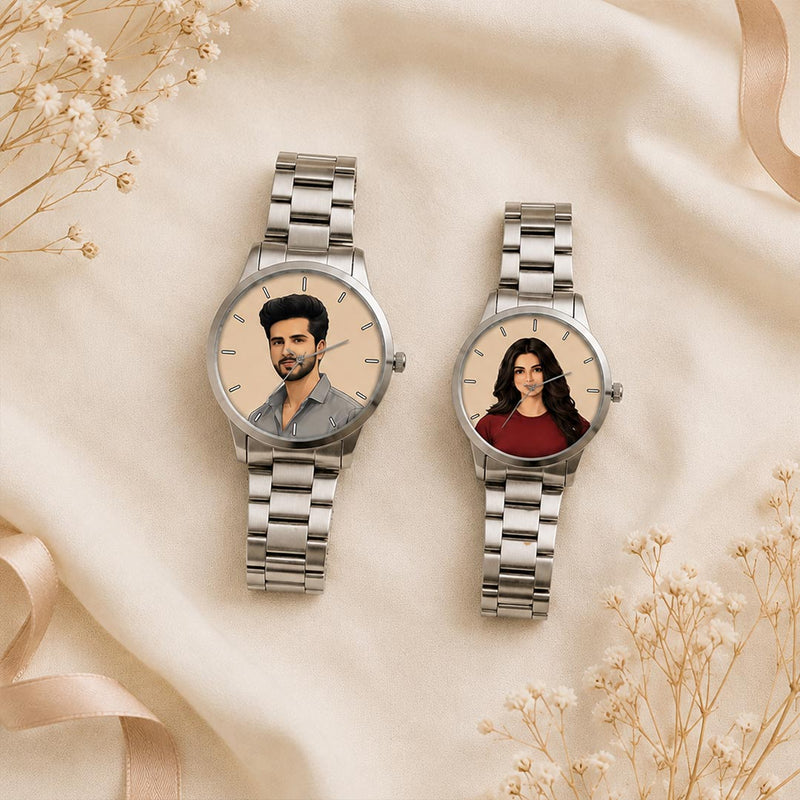 Personalized His & Her Photo Watch Set | Custom Individual Photo Dial Couple Watches | Silver-Tone Matching Wristwatches | Love Craft Gifts™