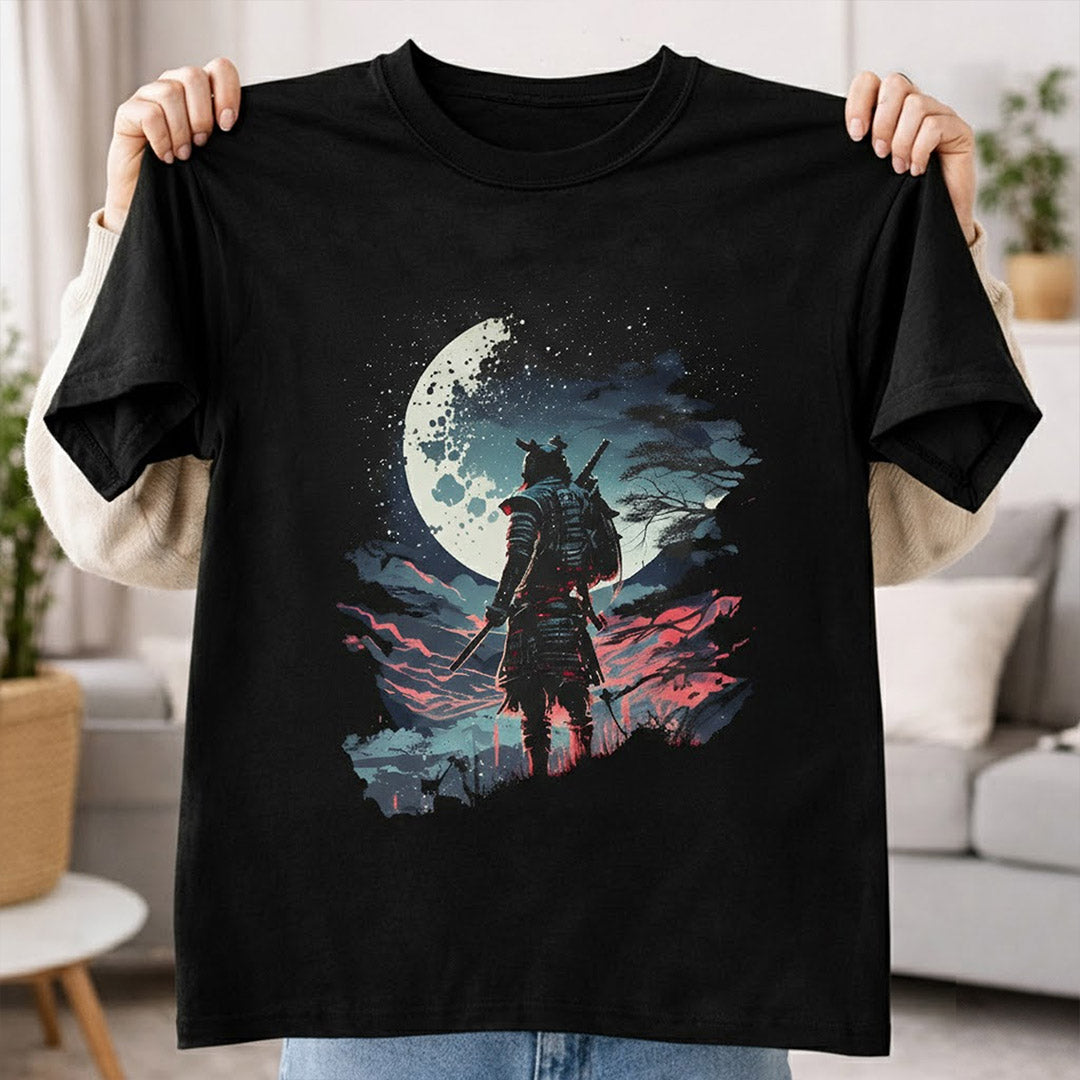 Samurai Moon Warrior Graphic Print Black T-Shirt – Unisex Casual Wear | Love Craft Gifts