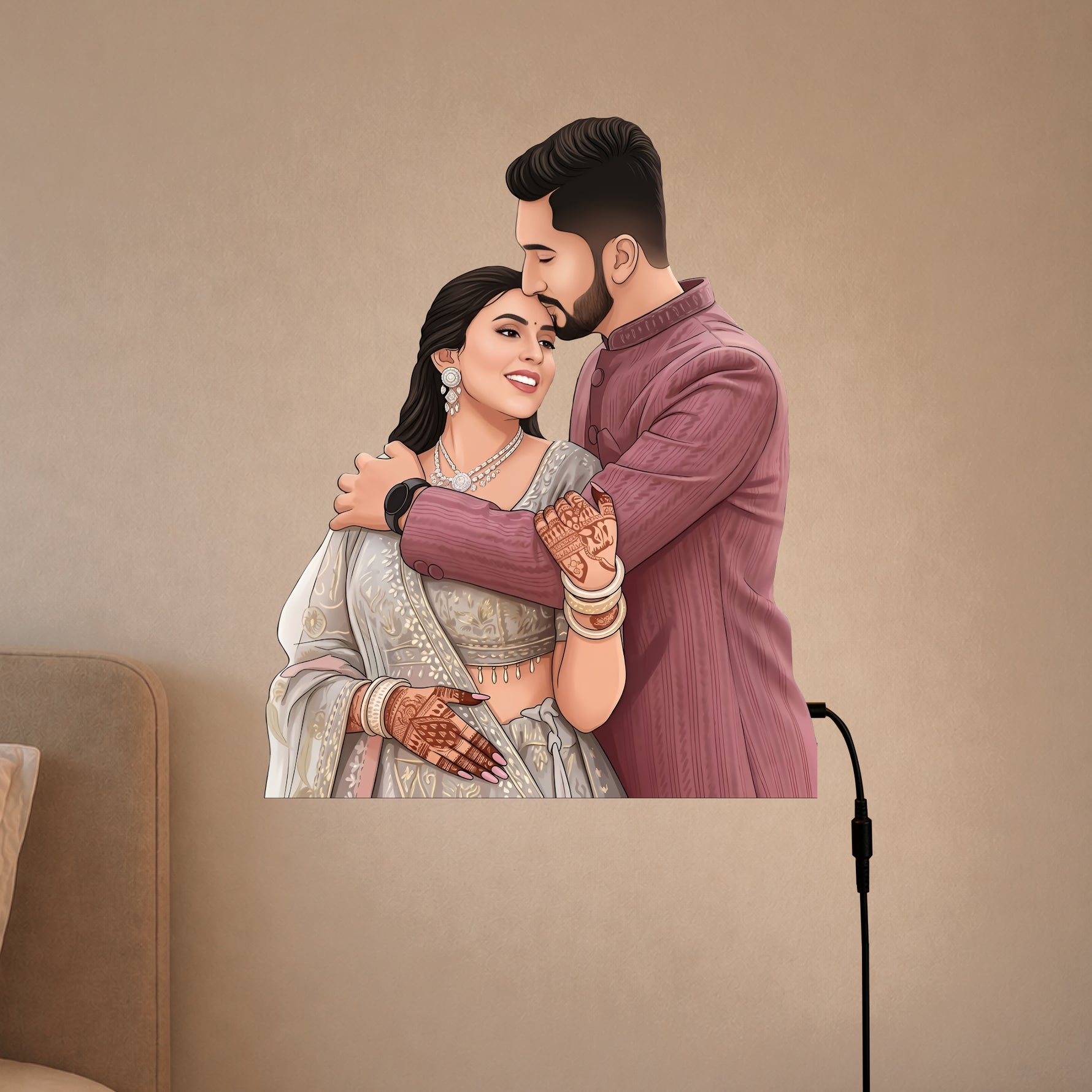 Personalized AI Cartoon Wooden 3D LED Photo Cutout Gift for Couple (14 x 24 Inch) – Custom Wedding Photo LED Lamp for Anniversary, Bride & Groom Gifts | Love Craft Gifts™