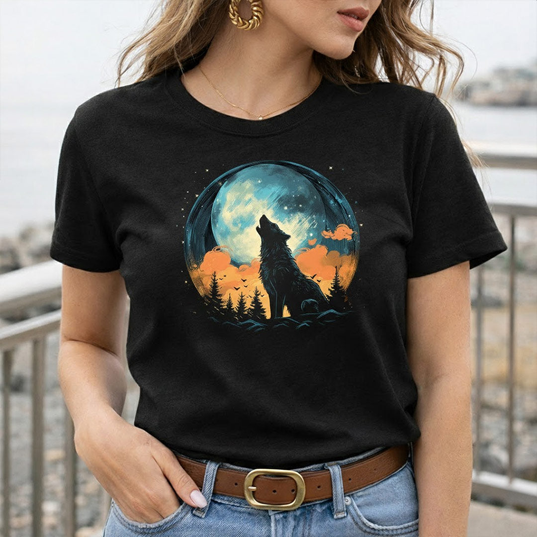 Wolf Roaring Moon Graphic Print Black T-Shirt – Unisex Casual Wear | Love Craft Gifts
