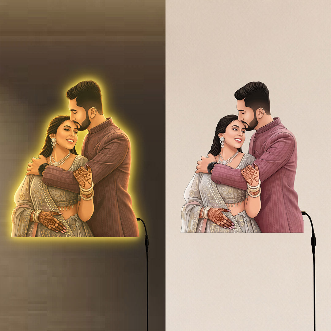 Personalized AI Cartoon Wooden 3D LED Photo Cutout Gift for Couple (14 x 24 Inch) – Custom Wedding Photo LED Lamp for Anniversary, Bride & Groom Gifts | Love Craft Gifts™