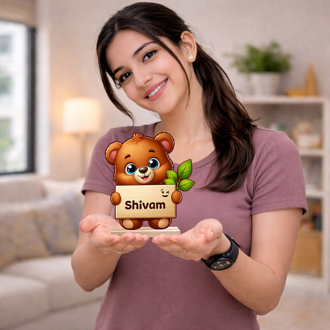 Personalized Cute Teddy Name Stand 6x6 Inch – Custom Wooden Cartoon Table Decor Gift | Love Craft Gifts™