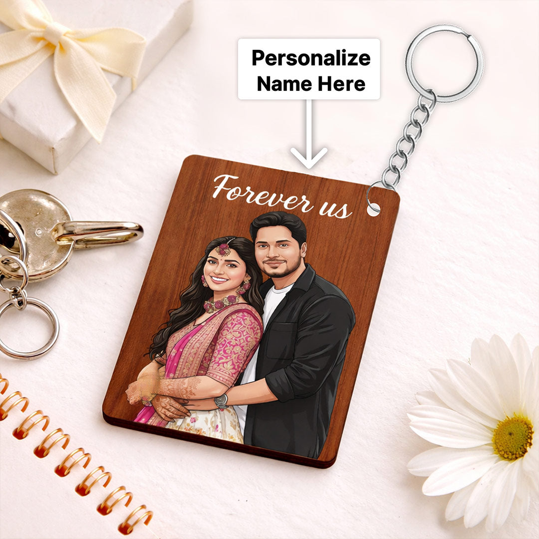 Personalized Wooden Couple Keychain with Cartoon Photo & Name Custom Print (2.5x1.5 Inch) Romantic Key Ring Gift for Boyfriend, Girlfriend, Husband & Wife | Love Craft Gifts