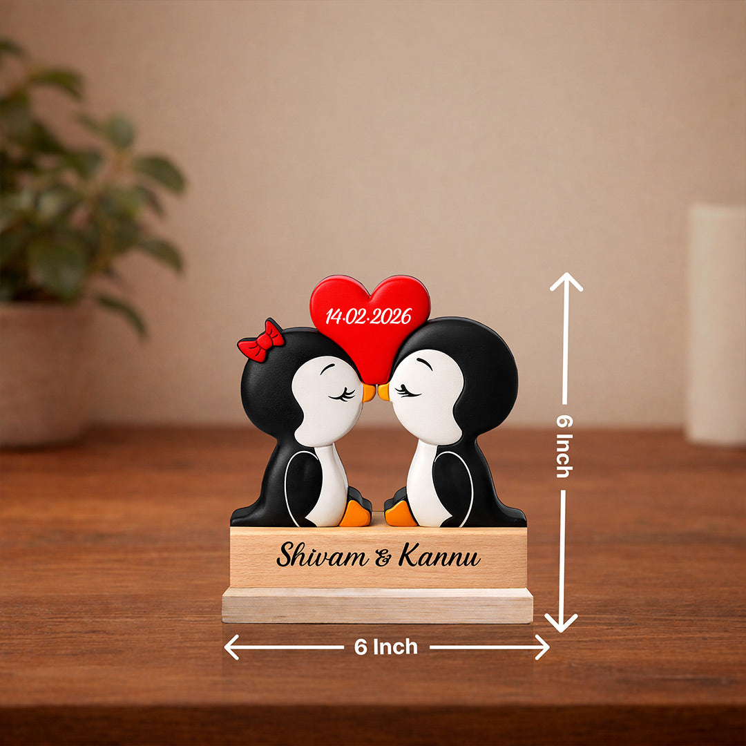 Personalized Cute Penguin Couple Wooden Table Stand (6x6 Inch) – Custom Name & Date Romantic Love Desk Décor Gift for Girlfriend, Boyfriend, Wife & Husband | Love Craft Gifts