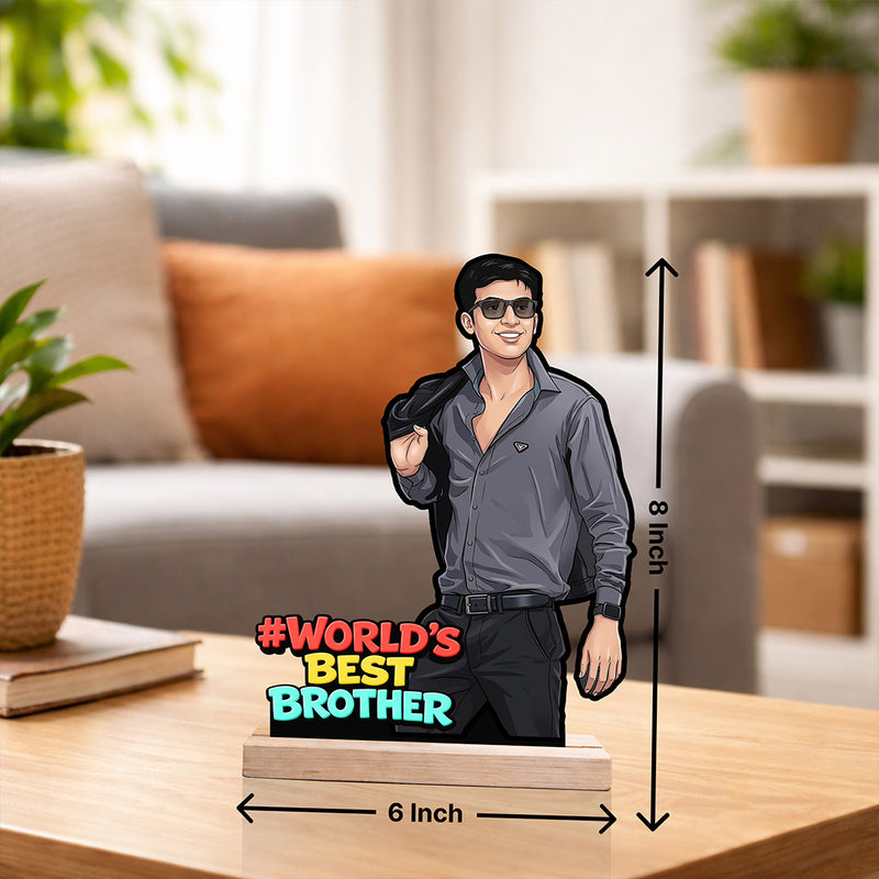 Personalized “World’s Best Brother” Wooden Cartoon Cutout Stand (6x8 Inch) Custom Photo Table Top Décor Gift for Brother | Love Craft Gifts