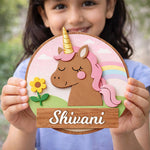 Personalized Kids Unicorn Name Wooden Door Sign Cute Cartoon Wall Decor 10x10" | Love Craft Gifts