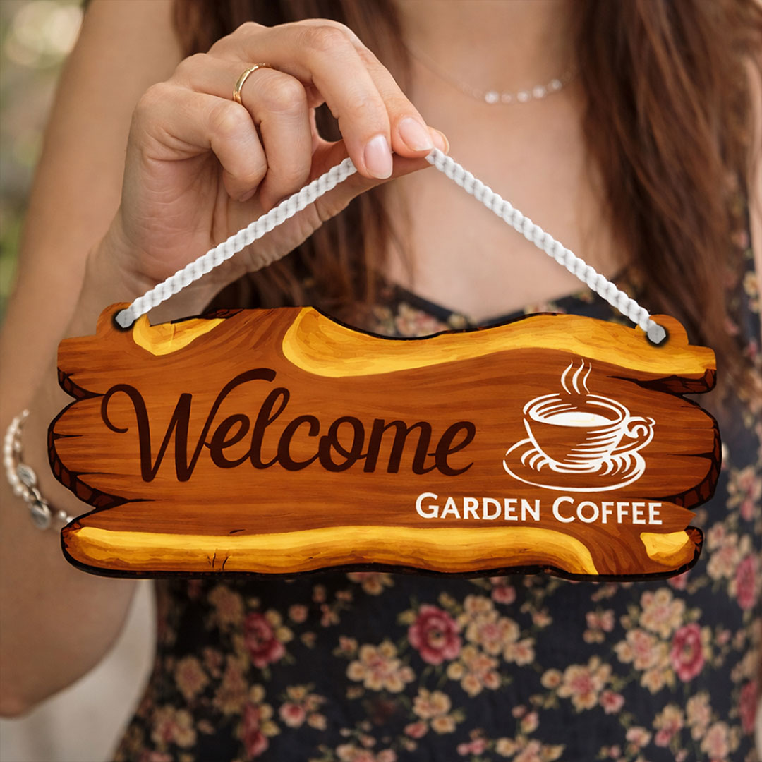 Personalized Wooden Welcome Hanging Sign – Custom Logo Door Sign Board (10×5 Inch)| Love Craft Gifts