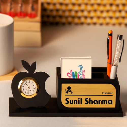 Black Wooden Pen Stand With Clock And Name