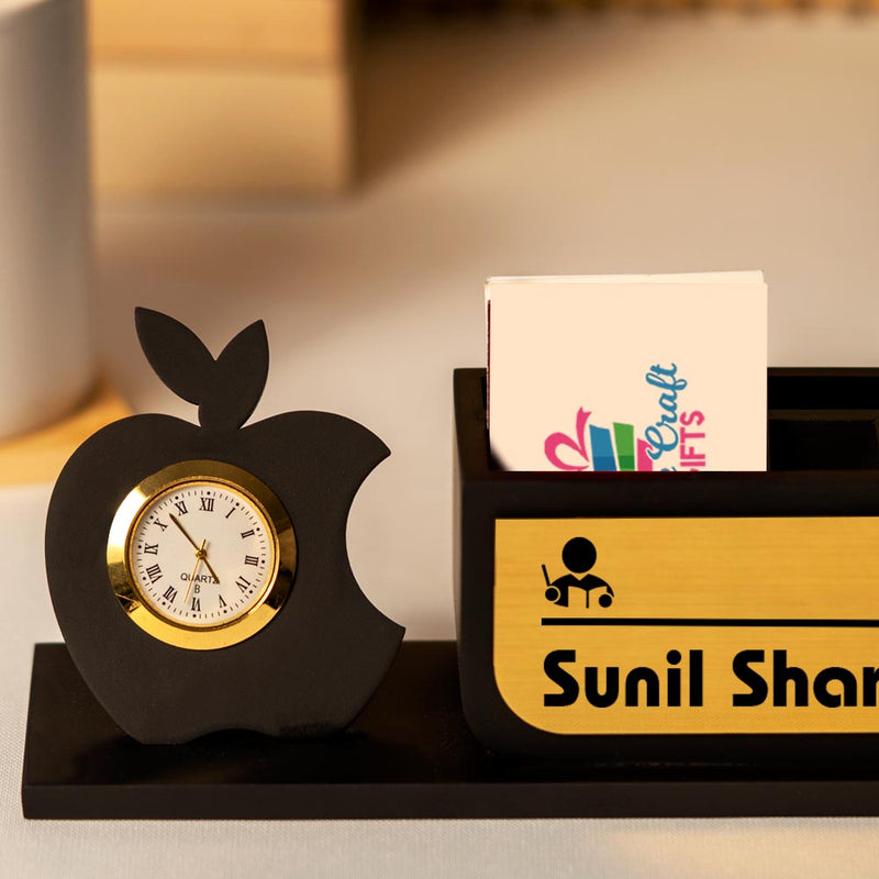 Black Wooden Pen Stand With Clock And Name