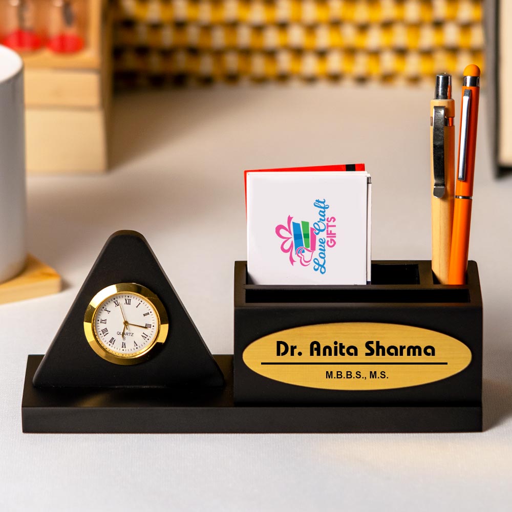 Black Wooden Pen Stand With Clock And Name