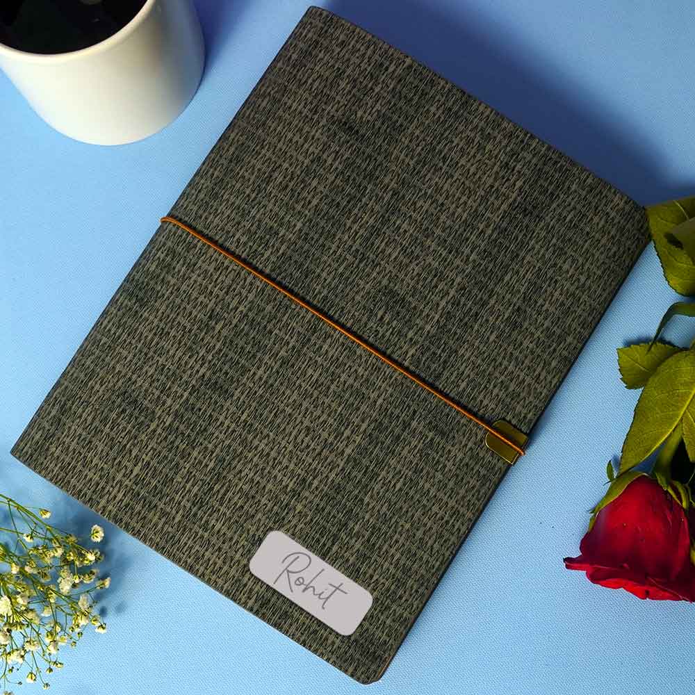 Personalized Fabric Texture Diary Notebook with Custom Name Plate | Premium Executive Journal for Office, Study & Daily Planning - Black A5 Size | Love Craft Gifts™